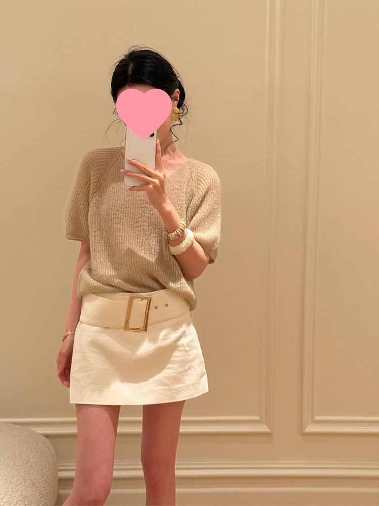 韩系气质高级感卡其色针织衫T恤女夏季高腰显瘦白色A字短裙两件套详情5