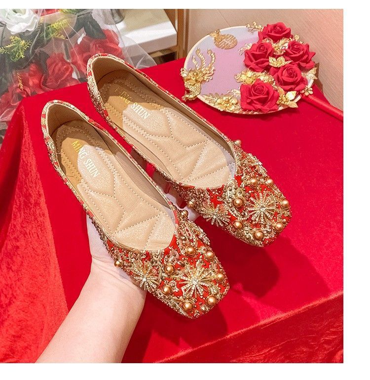 国潮国潮国潮中国风方头浅口红色婚鞋女低跟平底水钻软底防滑孕妇秀禾服新娘鞋国潮国潮详情15