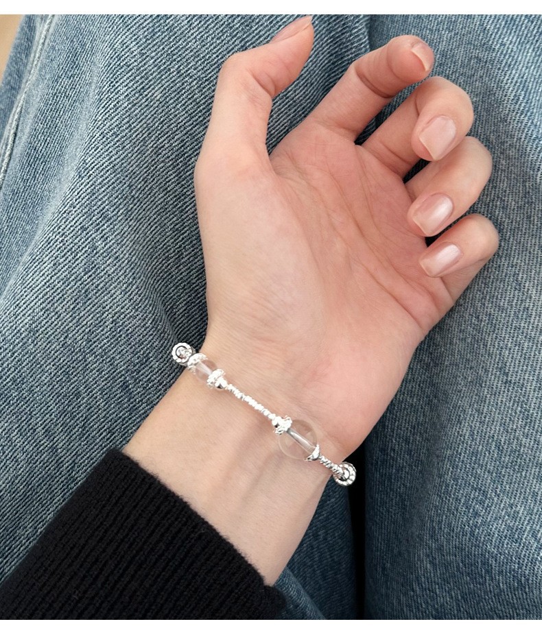 925纯银圆牌条纹爱心发晶银珠手链女手工弹力绳设计串珠手环叠戴详情16