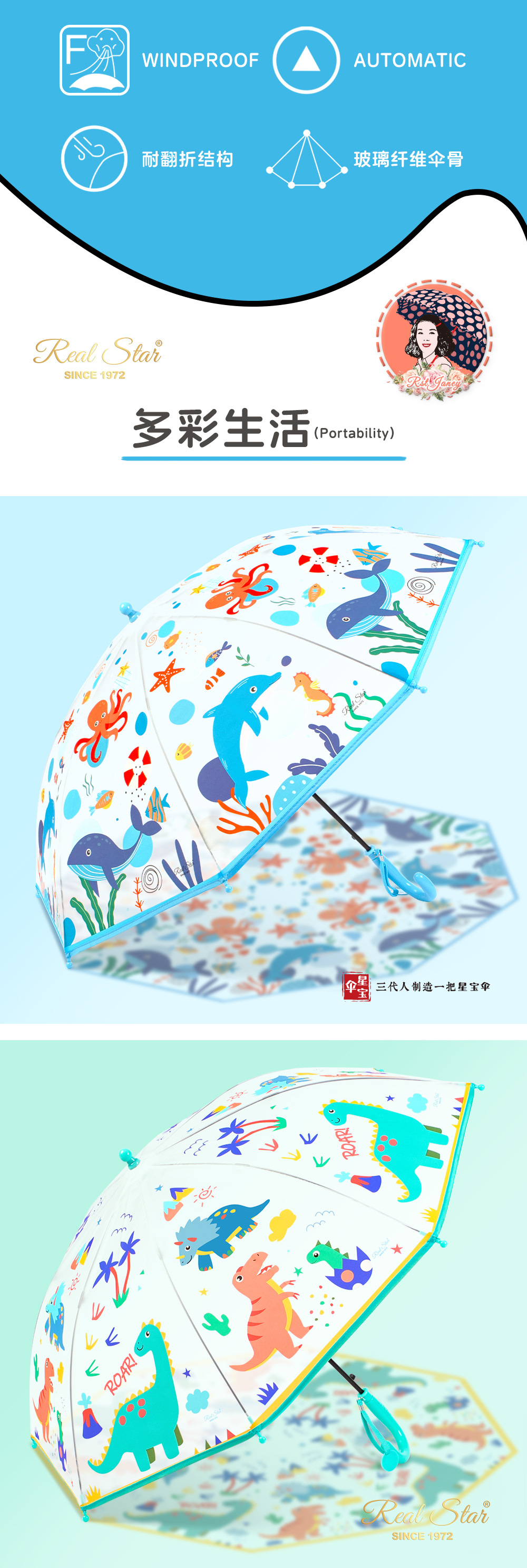 【出口欧美】小孩子雨伞卡通图案款式直柄伞彩色塑料伞poe印刷详情3