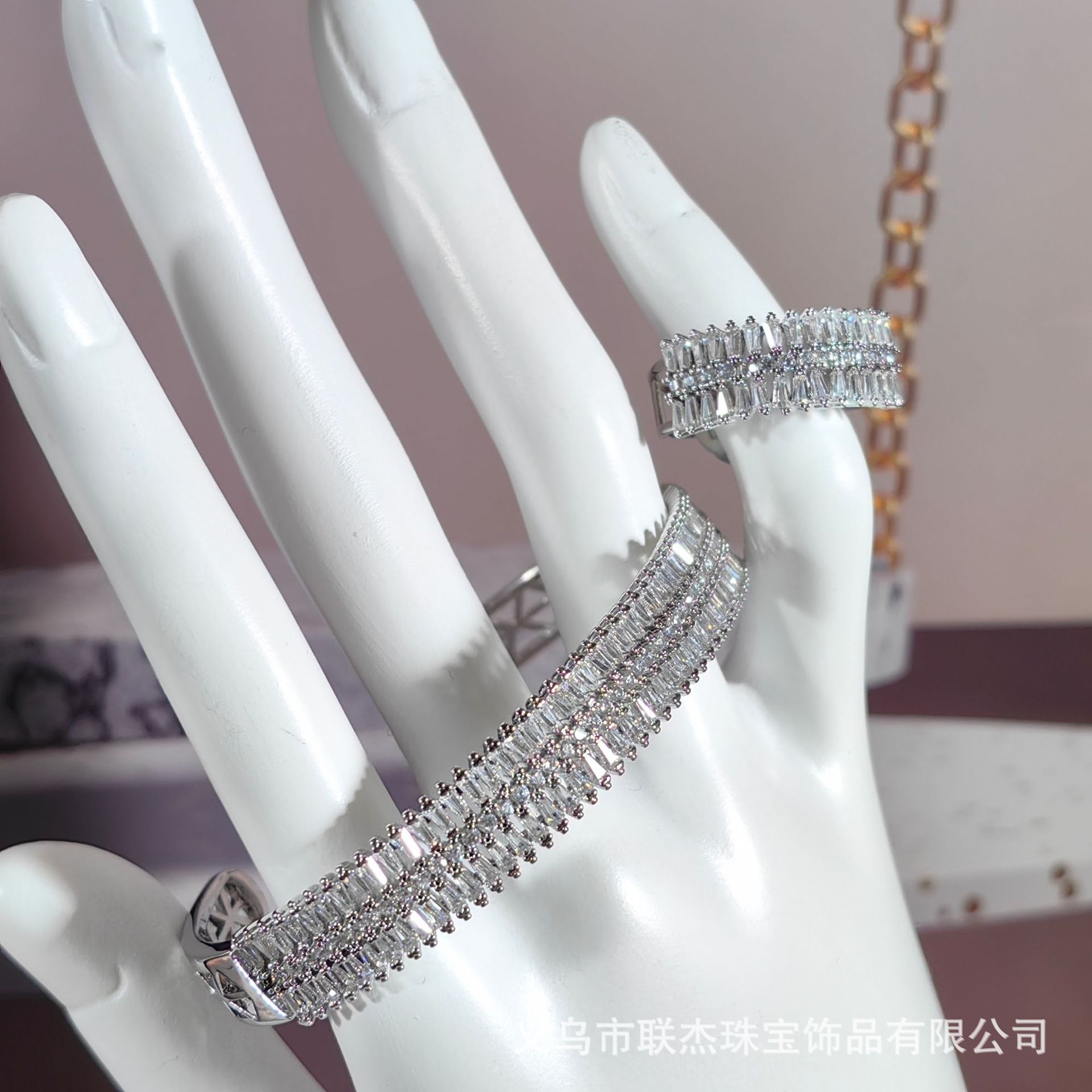 镶钻锆石开口18K真金电镀手镯戒指套装ins风设计感简约几何时尚网详情6