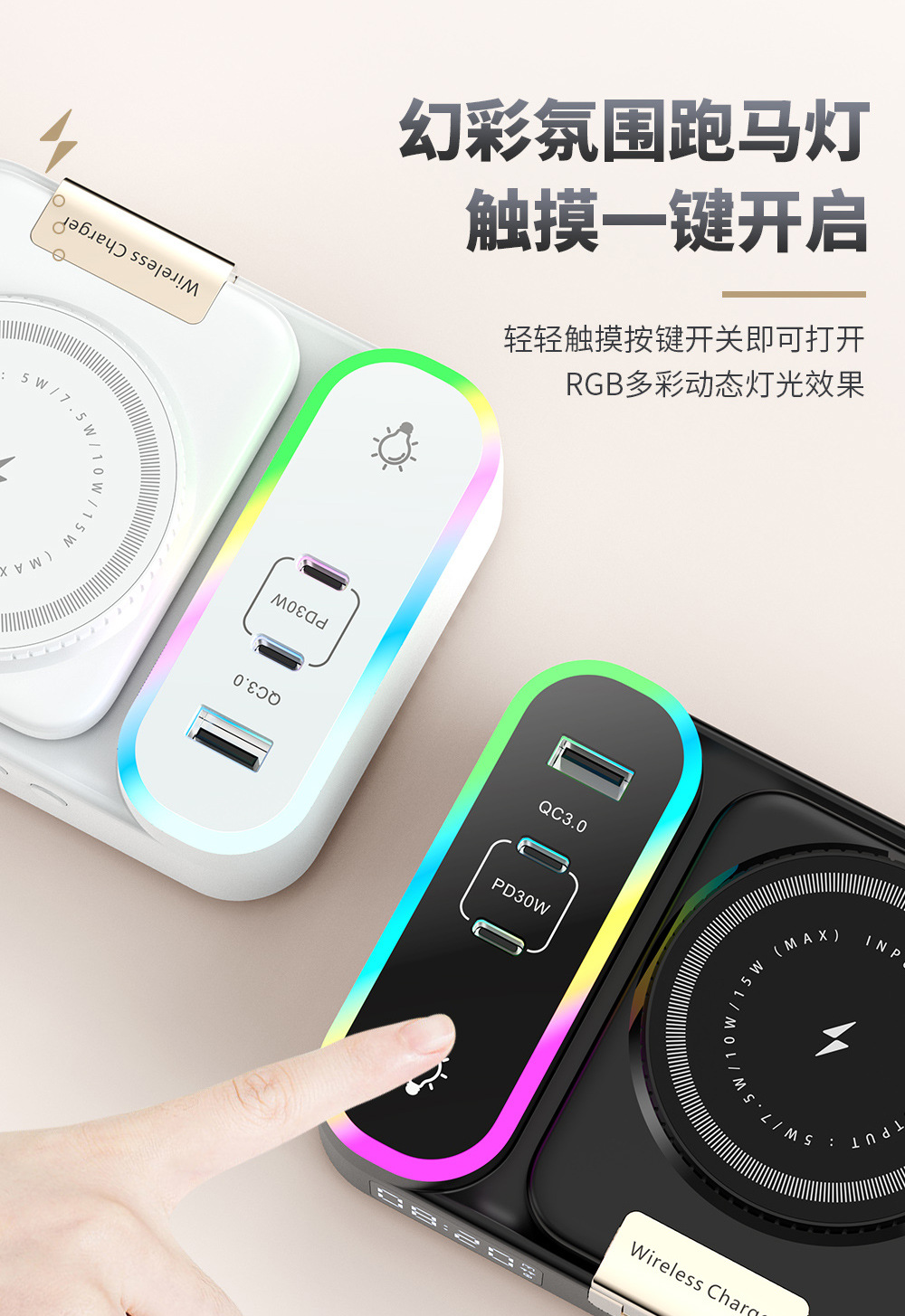 多功能Magsafe无线充电器内置伸缩线 数显时钟折叠无线充支架多口详情10