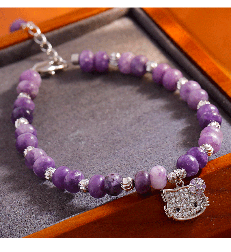 Hyacinth natural stone amethyst bracelet, fashionable, light luxury, sweet and elegant, whitening and high-end look, 2025 new accessory Hello Kitty cat crystal bracelet pic 5
