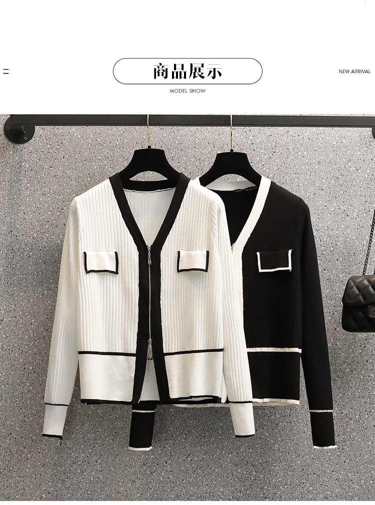 A 200-pound large-sized chanel-style knitted cardigan for early autumn, a V-neck double zipper loose, waist-cinching and slimming base layer for women pic 6