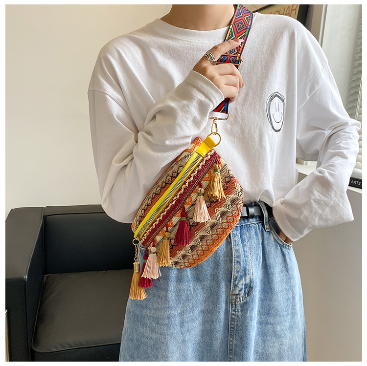 国潮民族风撞色流苏包包女新款编织个性复古彩带腰包斜挎详情23