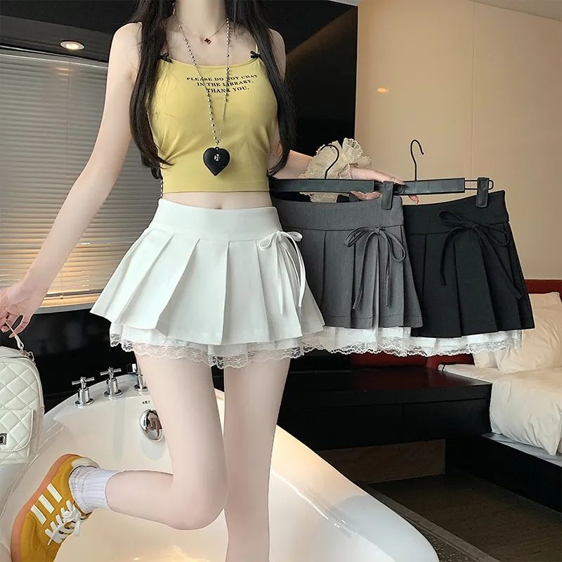 甜美纯欲风百褶半身裙女春夏新款蕾丝拼接蝴蝶结高腰防走光超短裙详情1