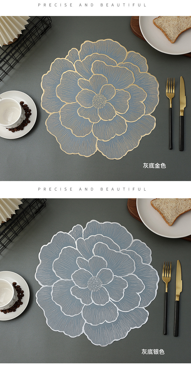 Best-selling pvc gold-embossed table mat with a sense of high-end luxury, heat insulation, waterproof oil, peony flower solid base Western table mat and table lamp mat pic 8