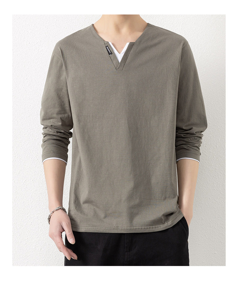 Two V-neck long-sleeved T-shirts for men, a thin spring and autumn top, pure cotton outerwear, a long Johns, a sweatshirt, and a casual base layer pic 9