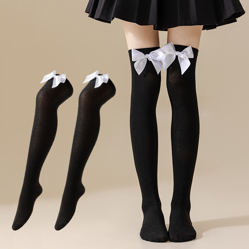 New European and American Halloween and Christmas knee-high socks, single-color striped thigh-high socks with bows, available in multiple colors pic 9