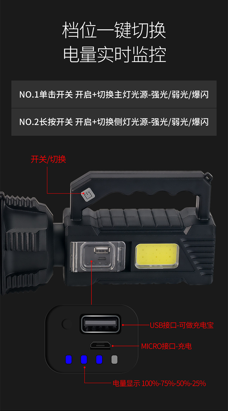 跨境户外应急XHP50强光远射探照灯户外手提式COB充电宝支架手电筒详情8