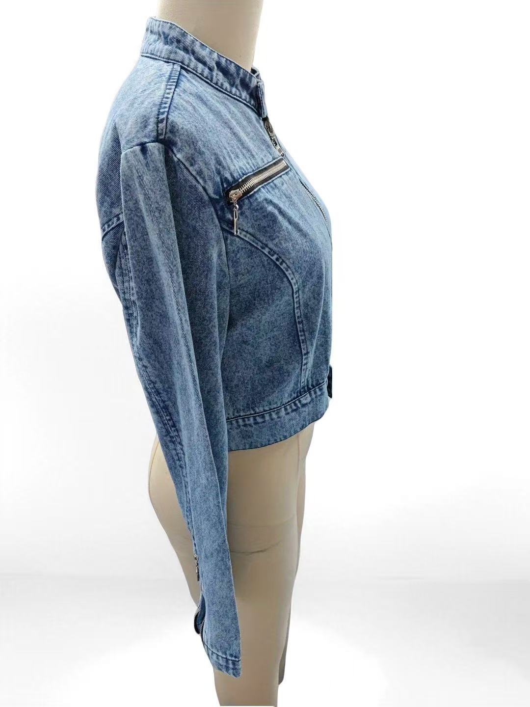 Cross-border European and American fashion design sense denim jacket for women, short denim jacket with zipper pic 6