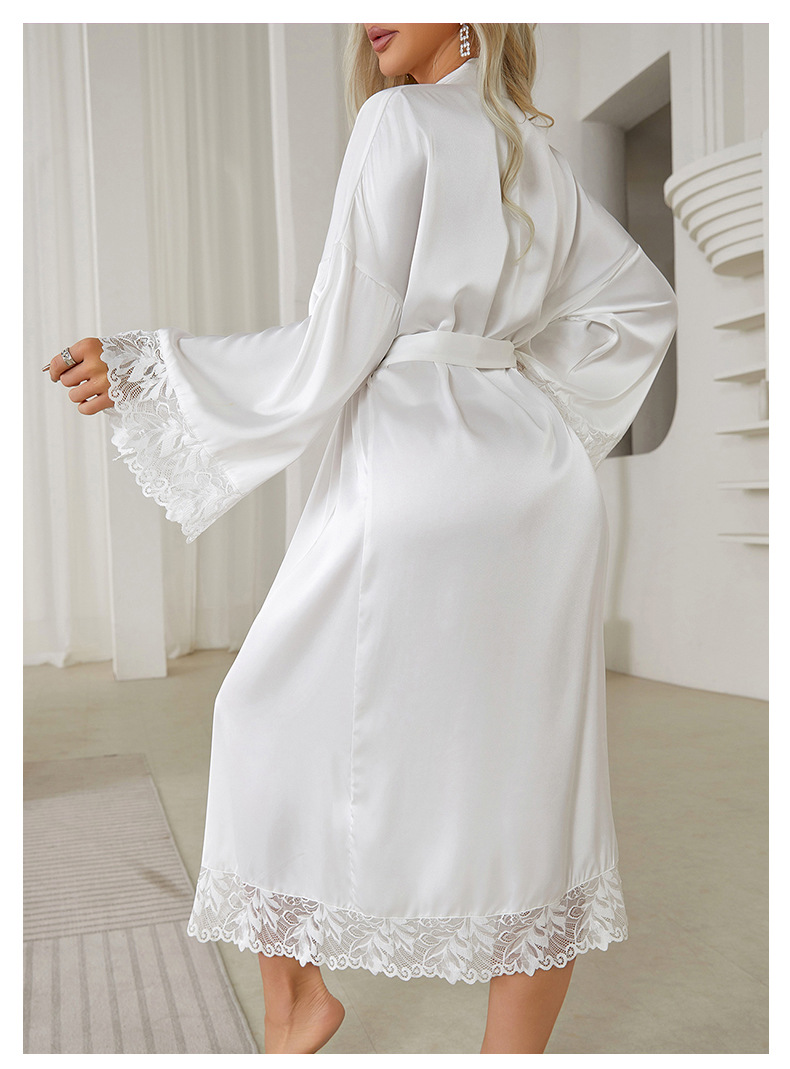 A black and white V-neck lace-trimmed mid-length, slit, light luxury and sexy nightgown for export, 682 pic 17