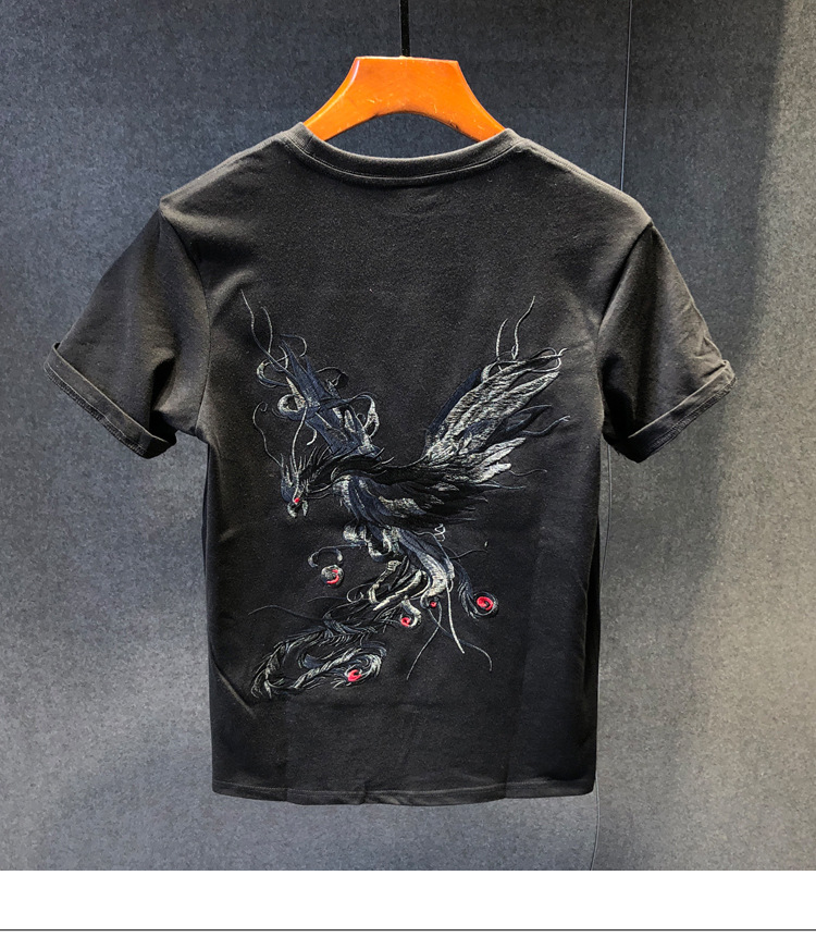 Summer Chinese trend embroidered half-sleeved T-shirt for men, loose and thin short-sleeved, phoenix embroidered casual round-neck T-shirt, breathable pic 10