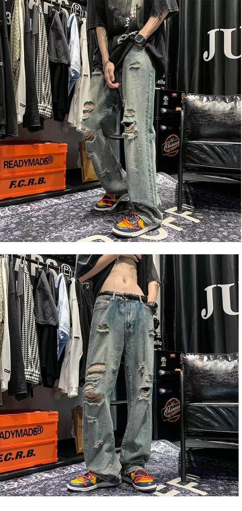 刮烂做旧水洗春秋季时尚青少年高街ins乞丐裤男牛仔裤宽松阔腿裤详情3