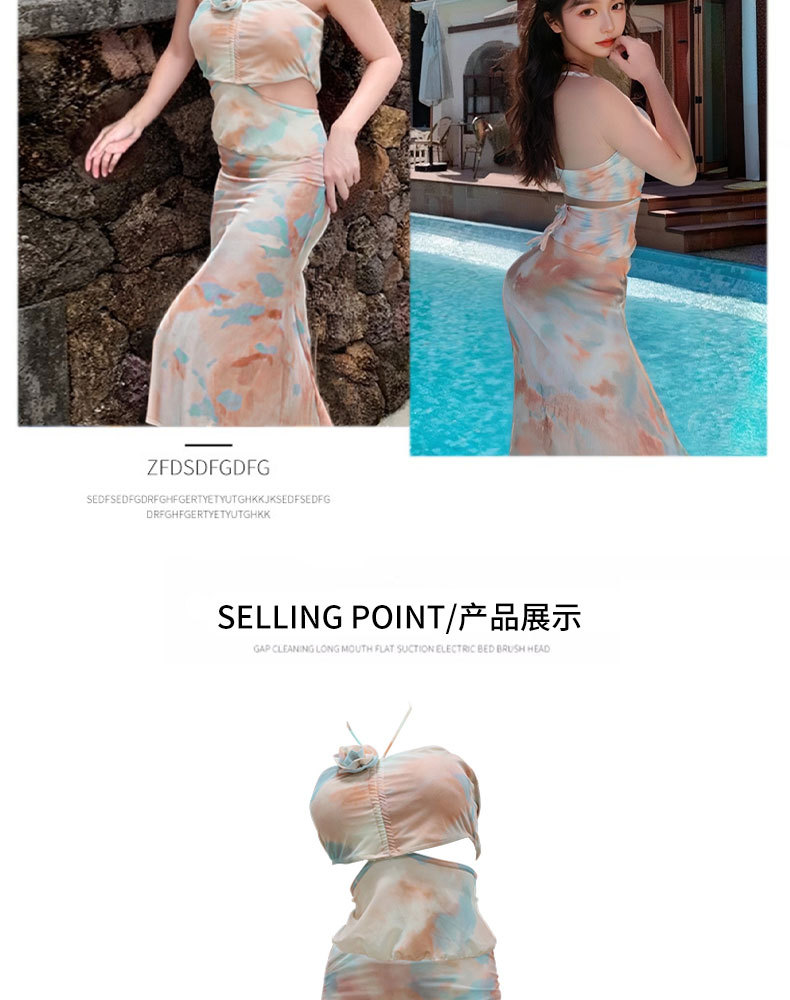 新款扎染挂脖露腰泳衣女2026分体三件套纯欲风辣妹海边度假长裙泳涤亚125200详情15