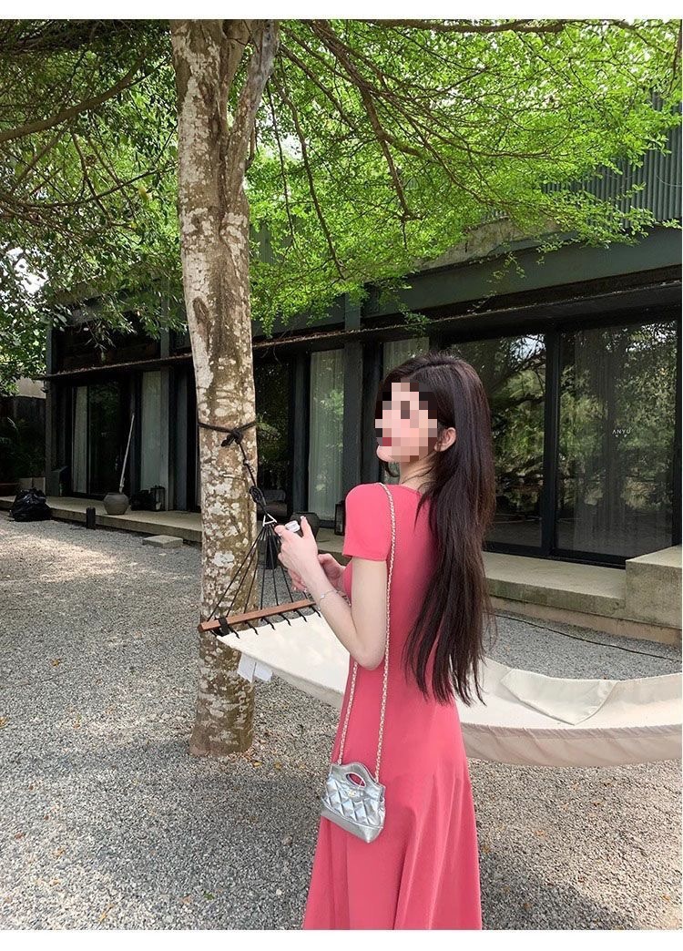 法式纯欲风夏季圆领短袖连衣裙包臀修身收腰长裙纯色高腰大摆裙详情15