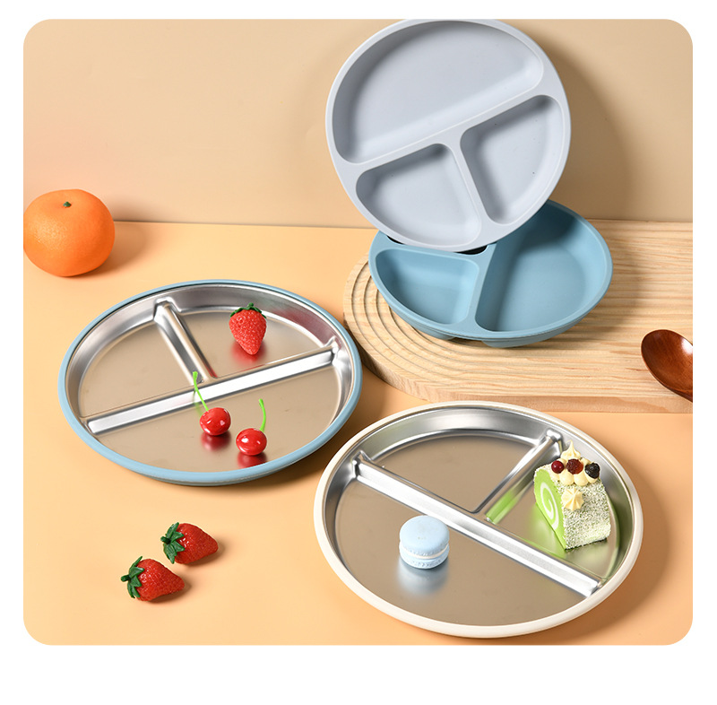 硅胶不锈钢分隔盘 儿童喂养餐具 不锈钢分格餐盘 硅胶防滑吸盘套 隔热安全 现货供应详情18