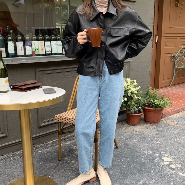 宽松皮衣女2023春秋新款韩版时尚休闲黑色百搭单PU外套短款皮夹克详情3