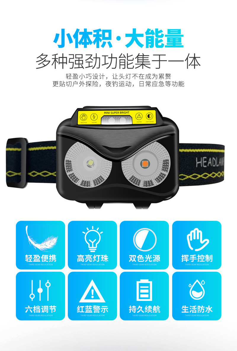 跨境多功能感应头灯强光轻型警示灯户外工作骑行夜跑钓鱼小头灯详情2