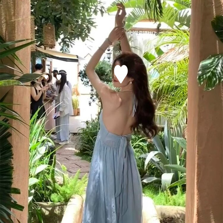 海边穿搭度假风浅蓝色吊带裙海岛连衣裙氛围感女裙露背长裙详情38
