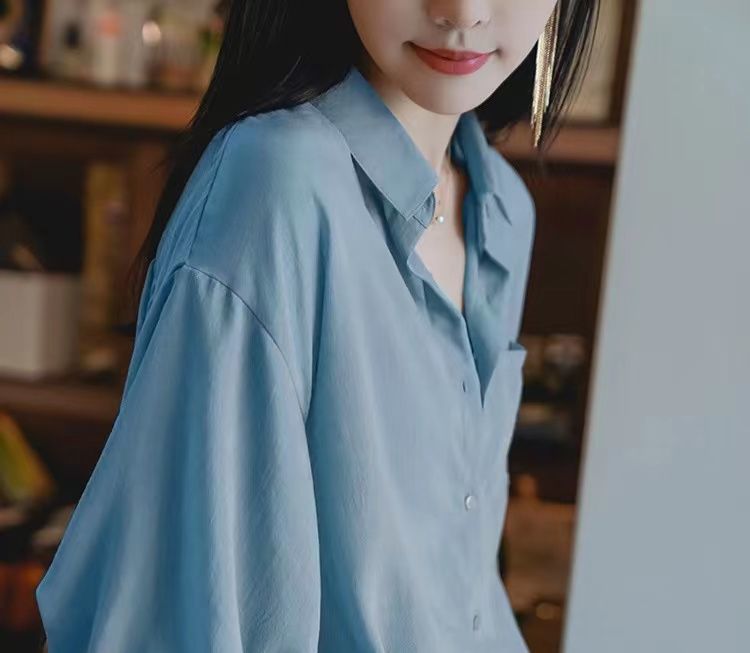 设计感灯笼袖衬衫女夏季新款韩版五分袖上衣复古宽松雪纺衬衣详情8