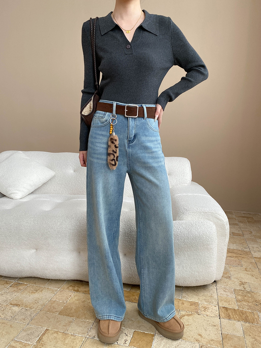 司南修腿型天菜含腰带挂件水洗浅蓝窄版直筒加绒牛仔裤SN8358详情38