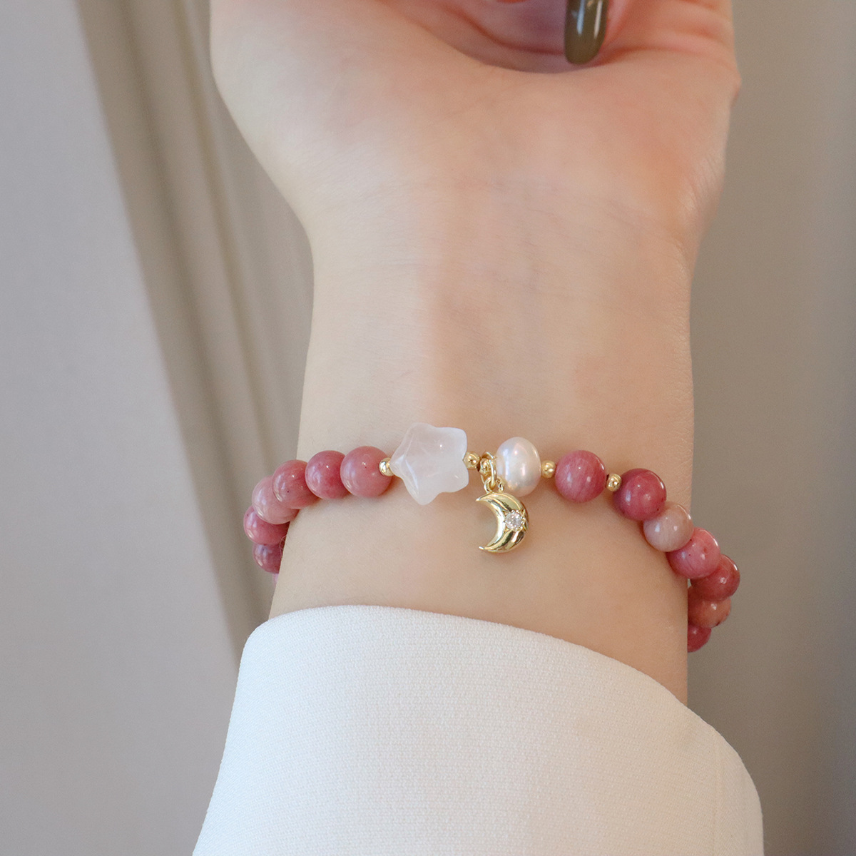 红纹石手链天然淡水珍珠玉髓高级感天然石手串女平安扣星星设计详情14