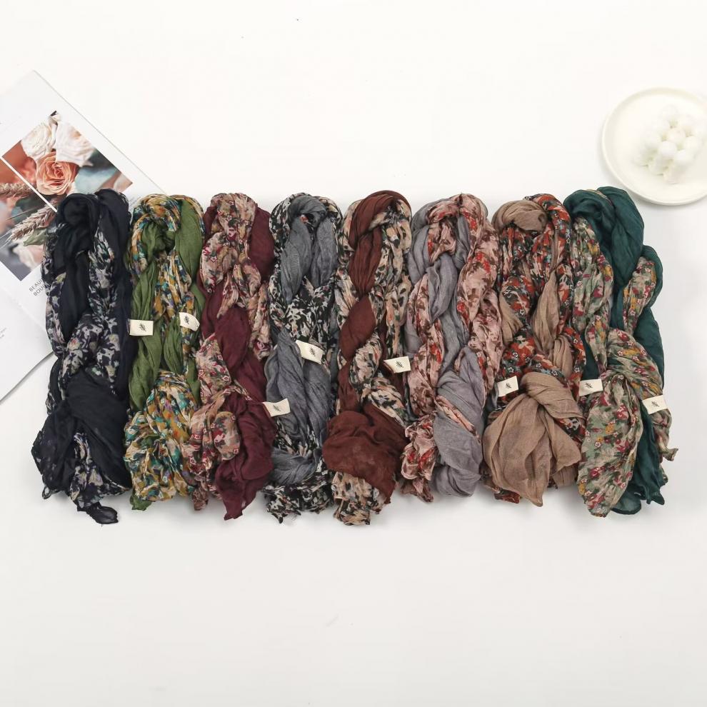 春秋麻花围巾褶皱简约百搭丝巾韩版外贸碎花披肩巴厘纱围巾女围脖详情20