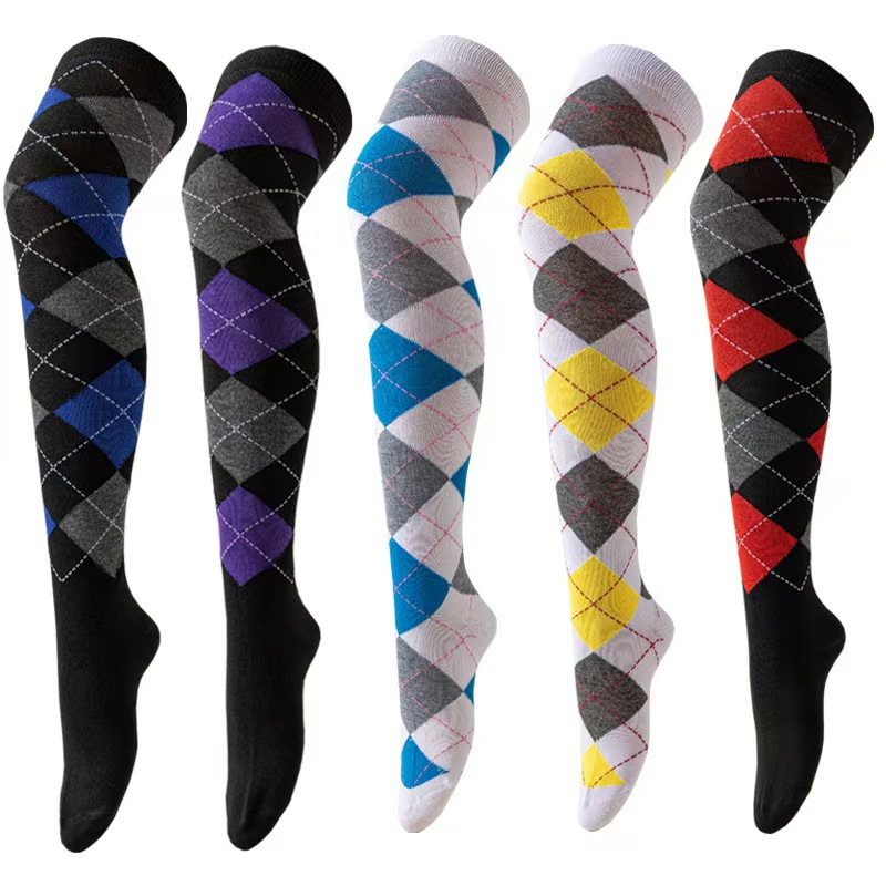 跨境过膝长筒袜欧美风格菱格长筒袜Cosplay派对女士英纶风过膝袜详情2