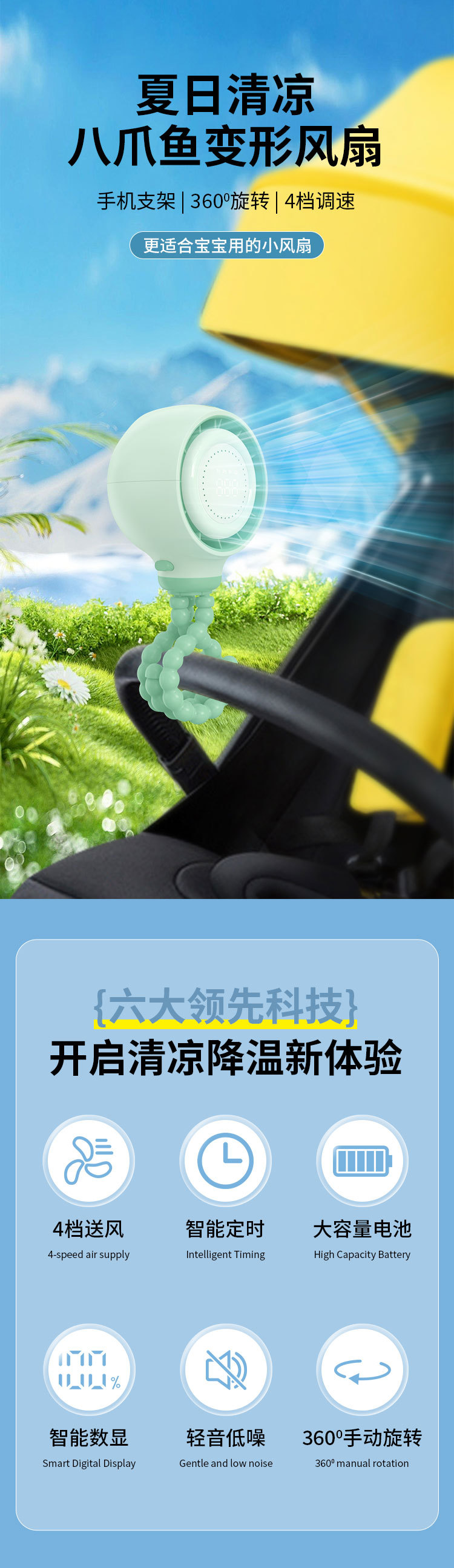 定制婴儿车八爪鱼风扇 便携式usb充电小风扇静音儿童推车无叶风扇详情2