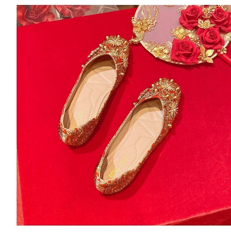 国潮国潮国潮中国风方头浅口红色婚鞋女低跟平底水钻软底防滑孕妇秀禾服新娘鞋国潮国潮详情14