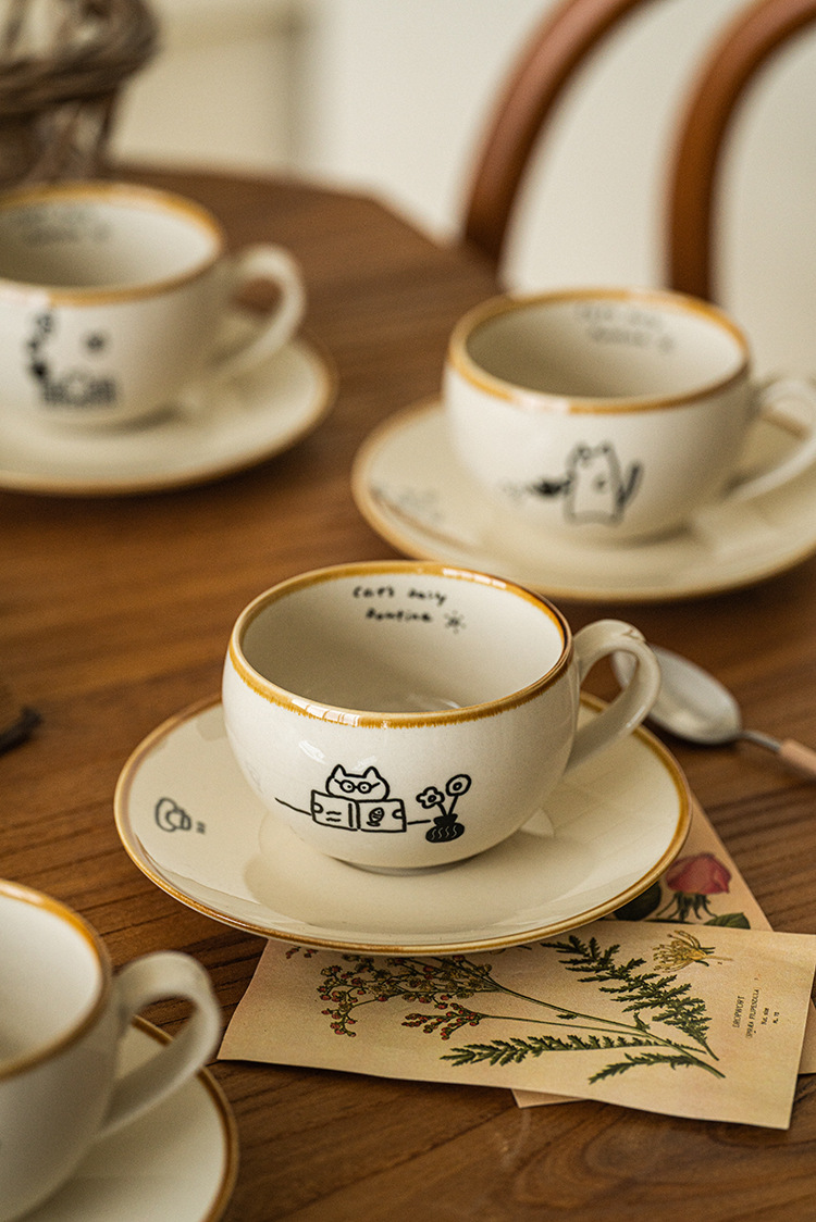 可爱卡通治愈插画日式猫咪陶瓷咖啡杯碟下午茶拿铁拉花杯高级感咖啡具套装详情2