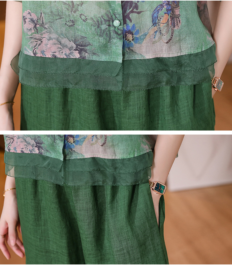 Wide-leg pants set for women, printed ramie shirt top, 2023 new style, retro large-sized cotton and linen pants two-piece set for summer pic 19