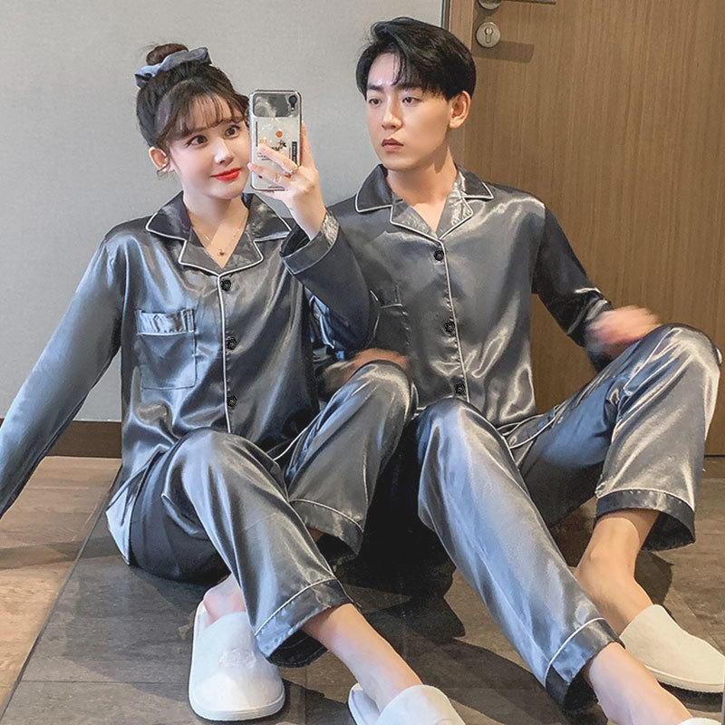 A wholesale set of short-sleeved couple pajamas for spring and autumn, featuring solid ice silk color faux silk for both men and women, can be worn as outerwear for home wear pic 27