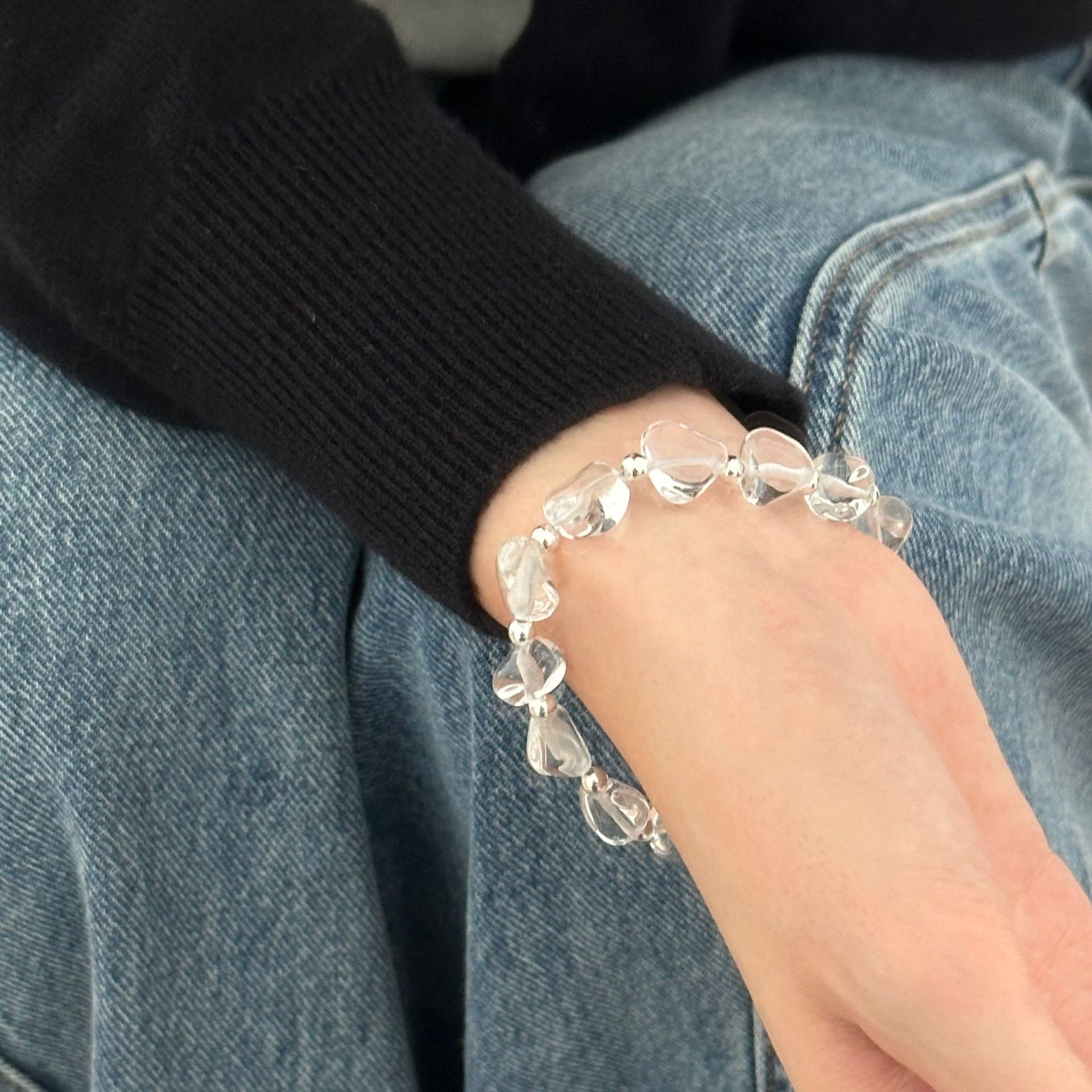 925 sterling silver irregular crystal spotted silver bead bracelet for women, simple handcrafted design, versatile beaded bracelet B3238 pic 7