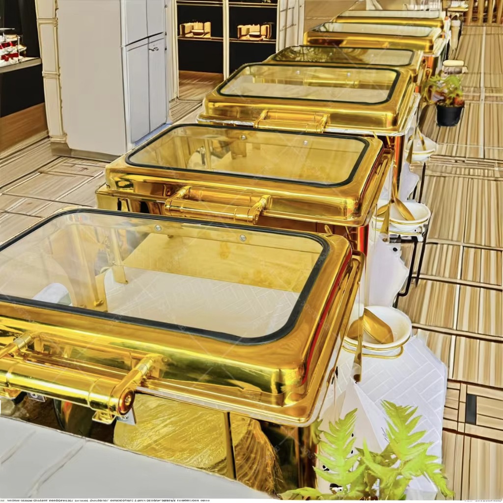 Stainless steel luxury restaurant hotel wedding buffet heater set, fuel heating 9L, golden food insulation pic 2