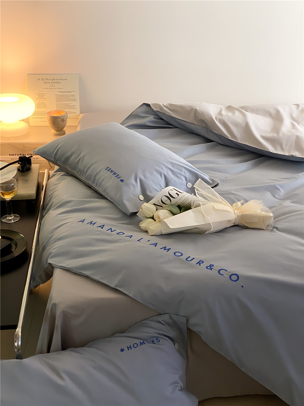 Simple, light luxury and fashionable solid-color long-staple cotton four-piece set, pure cotton letter-embroidered duvet cover, double bedding pic 27