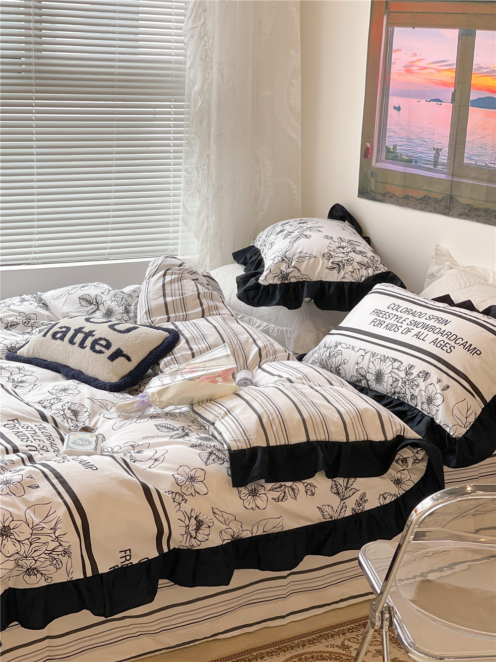 French Hepburn style pure cotton four-piece set, high-end feel, pure cotton black and white sketch flower duvet cover, all-cotton edge bedding pic 25