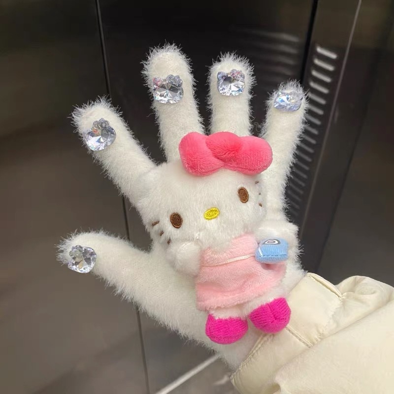 HelloKitty water diamond cute plush gloves for autumn and winter, Kitty Cat doll, warm knitted five-fingered gloves for girls pic 9