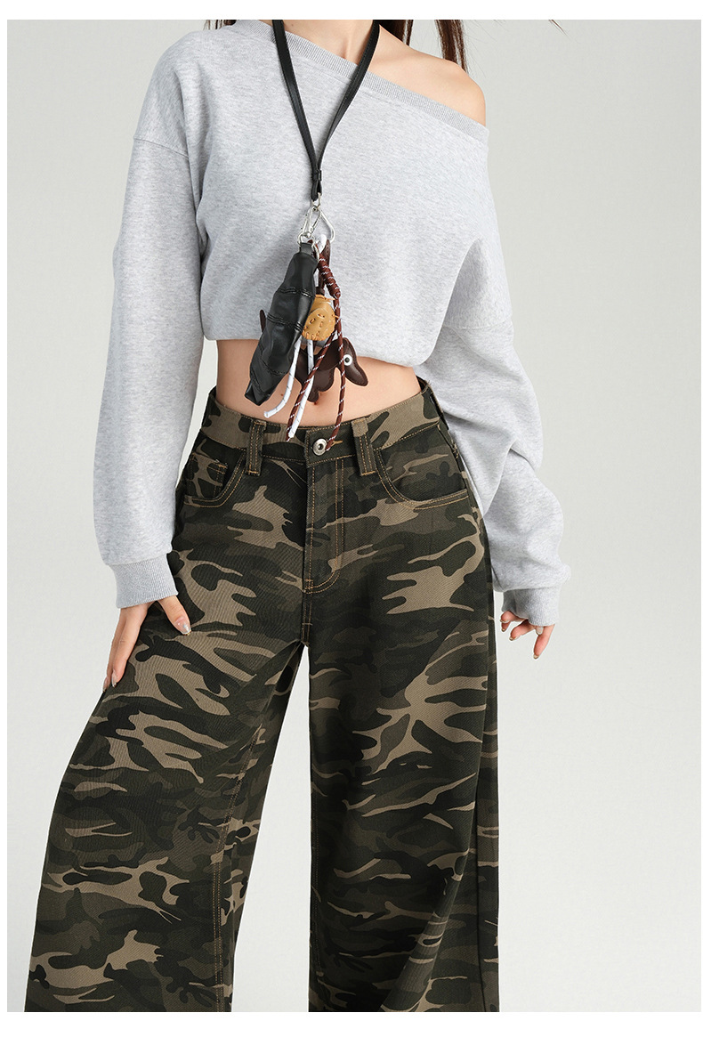 橙绢女装#美式辣妹迷彩高腰阔腿休闲裤女秋季新款高街显瘦拖地裤详情16