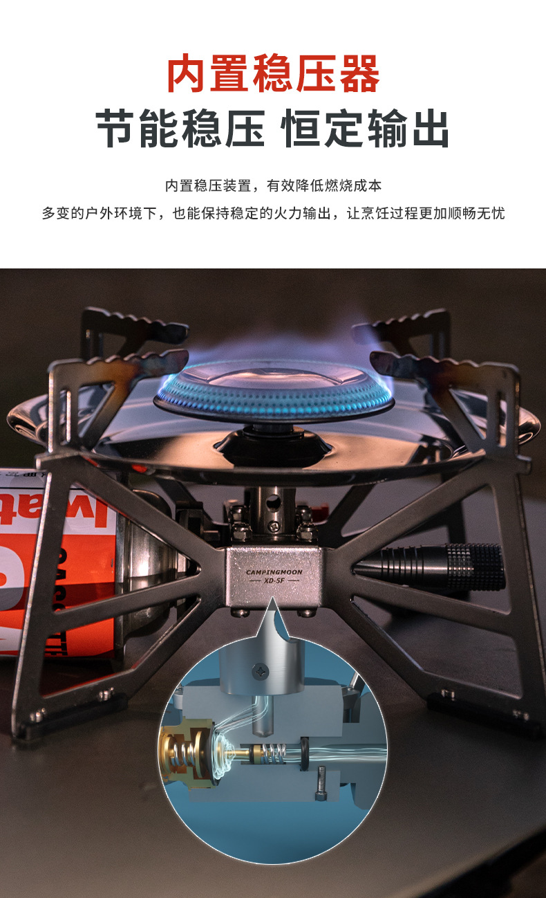 Koman XD-5F Xuan Yan Gas stove features a high-power, pressure-stabilizing burner head, outdoor portable IGT unit, and Xuan Yan stove plate pic 6