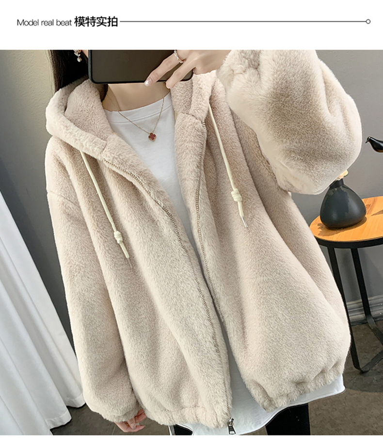 跨境冬仿懒兔毛皮草女中长款宽松加厚羊羔毛大衣连帽毛毛绒外套详情9
