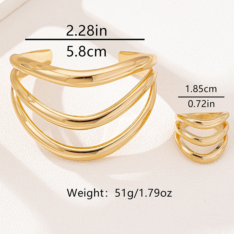 2件欧美夸张个性复古金属多层波浪纹女士戒指手镯首饰套装宴会风详情1