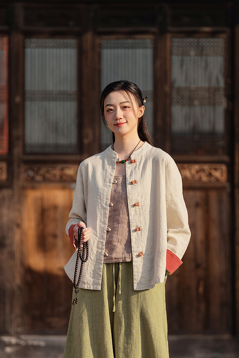 国潮中式棉麻女装拼色盘扣衬衫复古亚麻上衣茶服女禅意中山装国风开衫详情24