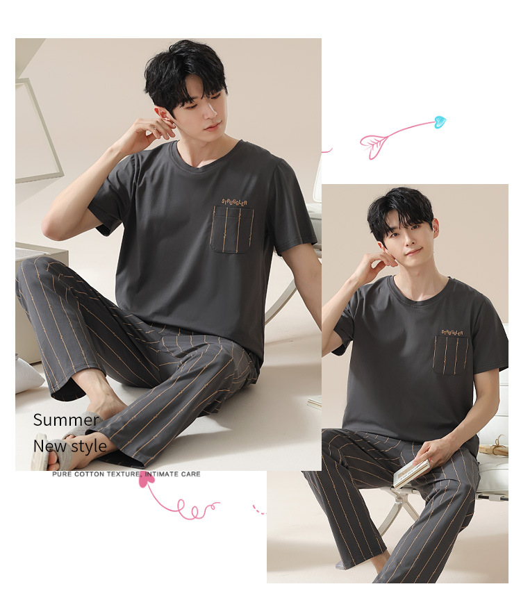 Summer pure cotton pajamas for men, cartoon casual short-sleeved shirts and long pants, pure cotton comfortable home wear, summer youth student set pic 53