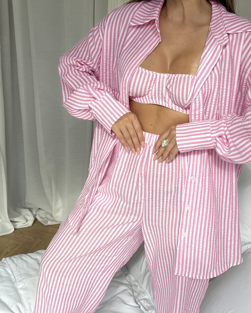 A new spring/summer striped three-piece pajama set from Europe and America, soft, loose and skin-friendly for women, suitable for cross-border wear in 2026 pic 36