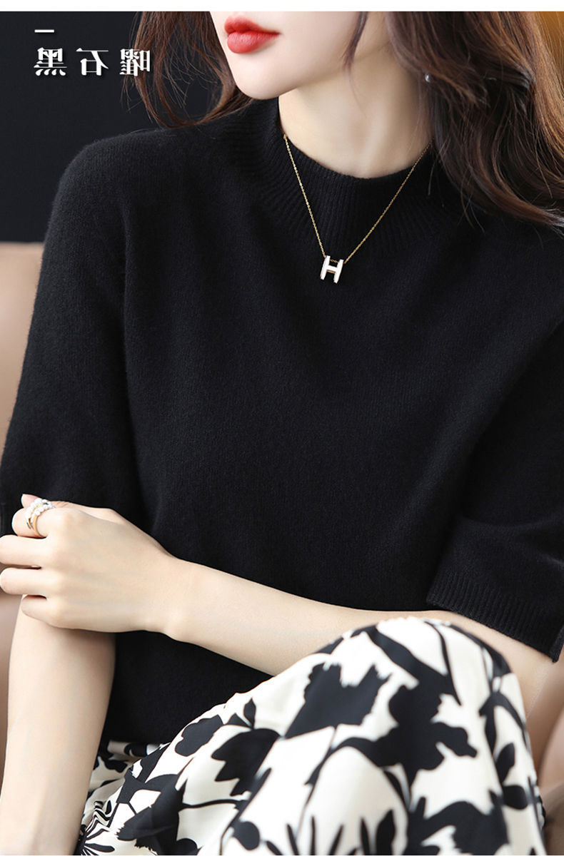 A semi-high-neck casual knitted sweater for women in spring 2023, in a solid color, paired with a half-sleeved base layer sweater T-shirt pic 34