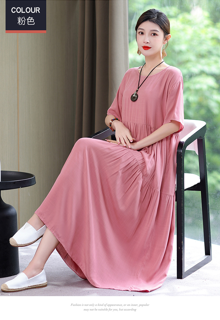 妈妈棉绸连衣裙夏季中老年女装短袖高端气质外贸人造棉裙子有口袋详情34