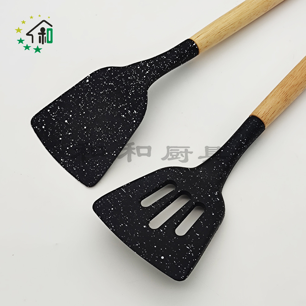 散点硅胶锅铲厨具厨房不粘锅木柄铲子汤勺耐高温炒菜烹饪漏铲套装详情12