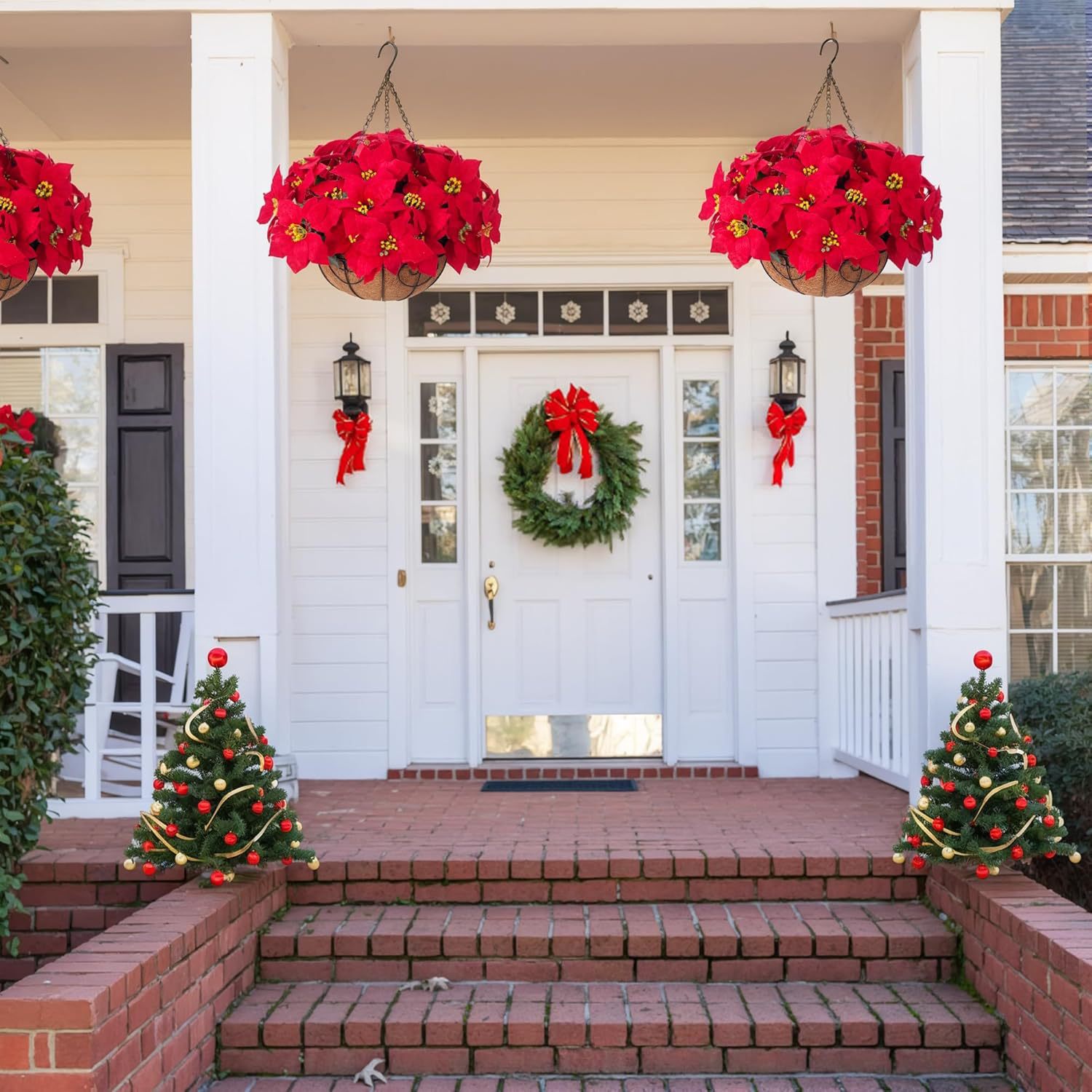 一品红仿真圣诞花吊篮圣诞花环装饰品 节日门口百合铁艺花篮挂件详情8
